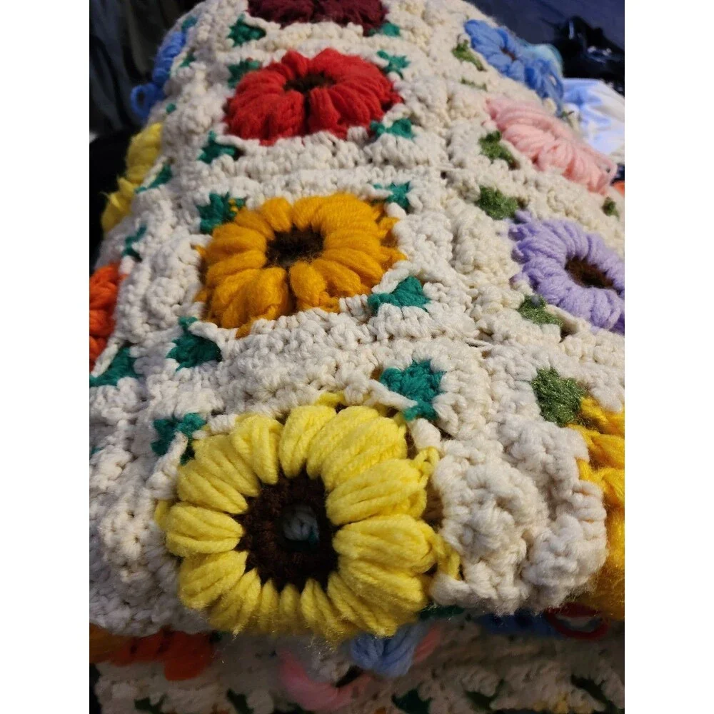 Vintage Crochet Afghan Throw Blanket Brwn unique Gran handmade Boho Hippie 72x75